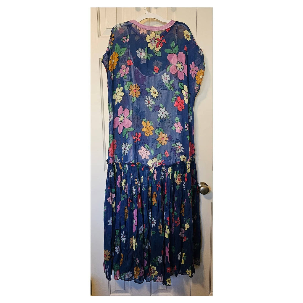 New Free People Mina Retro Floral Maxi Dress Chiffon $298 X-SMALL Blue Mini Slip