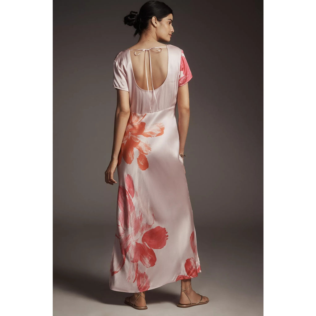 Anthropologie Short-Sleeve Maxi Slip Dress $168 Small Pink Floral Boho