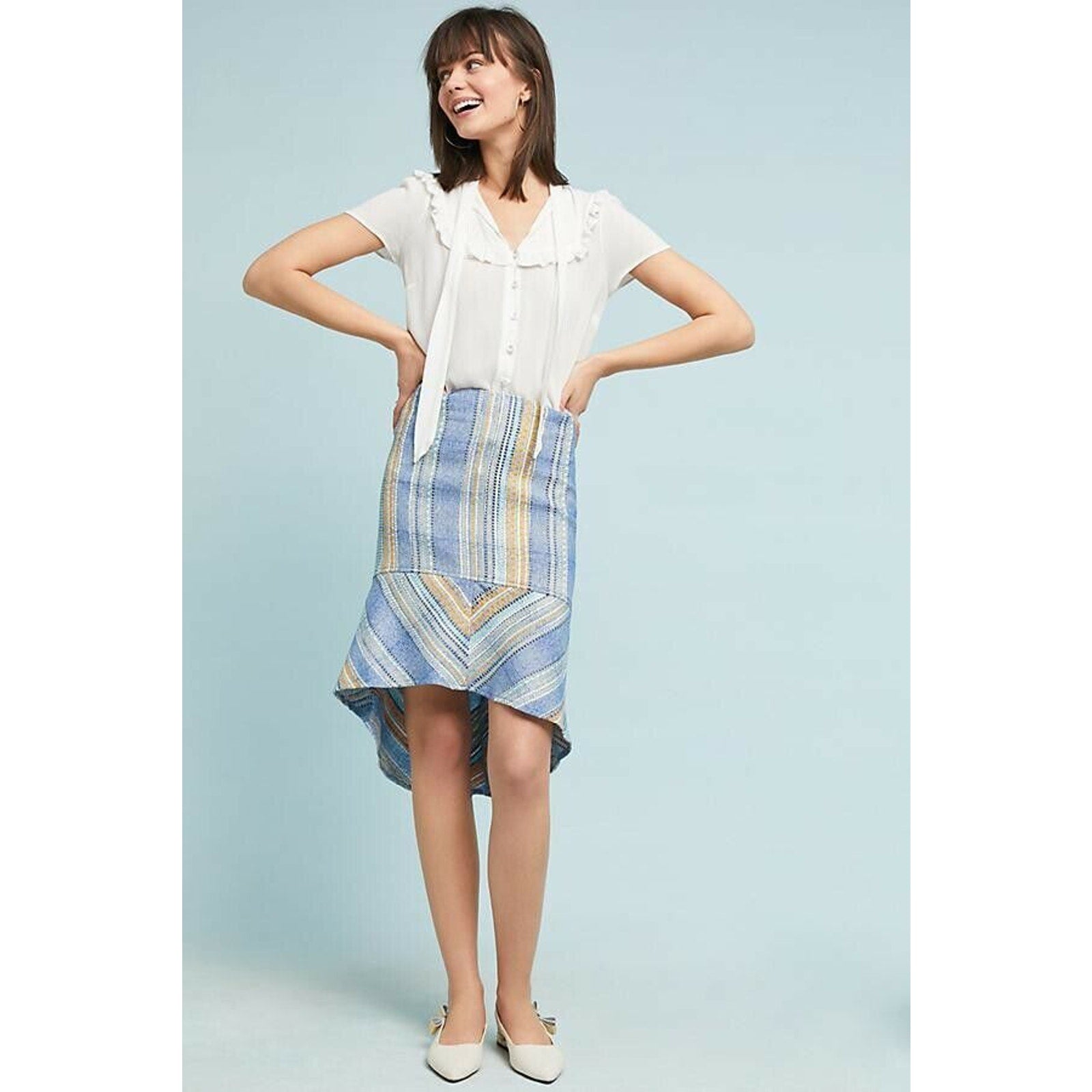 New Anthropologie Samantha Dru Flounced Striped Tweed Mini Skirt $148 Sz 4 Blue