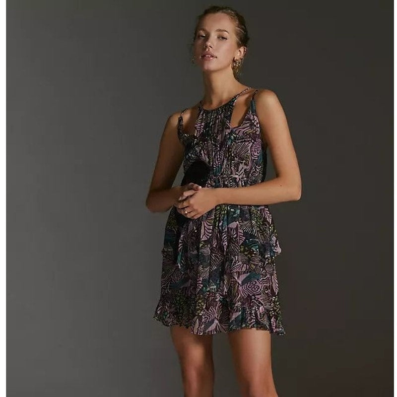 New By Anthropologie Cutout Chiffon Mini Dress $170 X-SMALL Purple Abstract