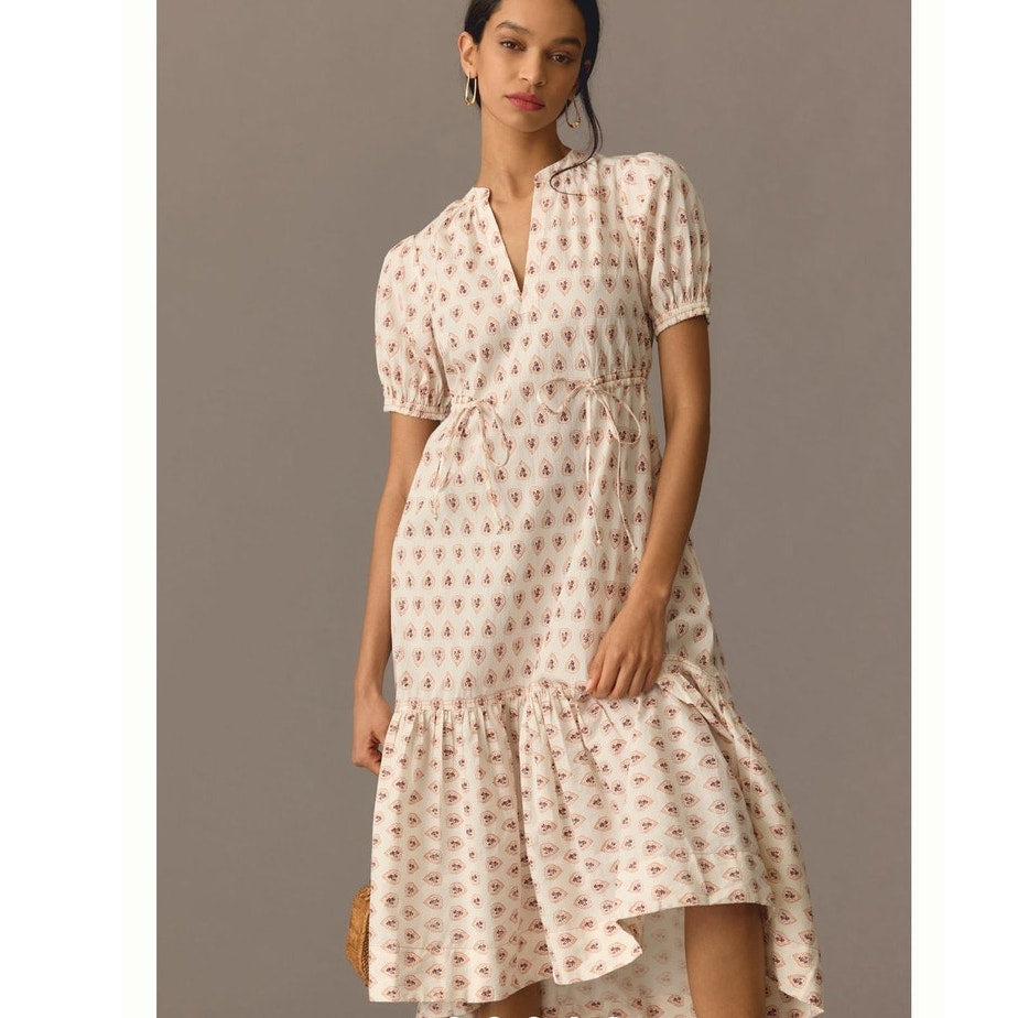 New By Anthropologie Printed Puff-Sleeve Dress $160 X-SMALL Neutral Motif