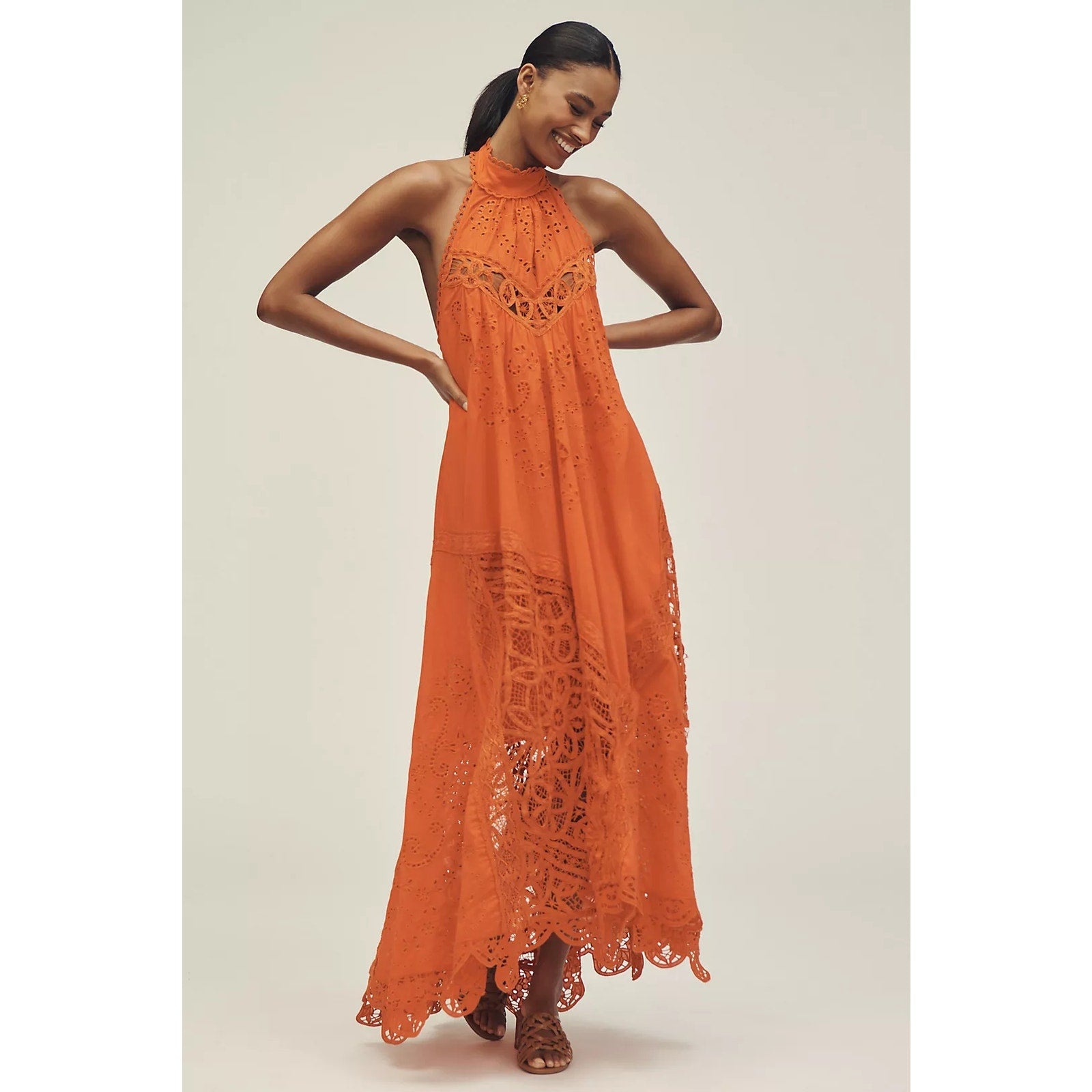 Anthropologie Halter Cutwork Lace Dress MAXI X-SMALL Orange Anthropologie