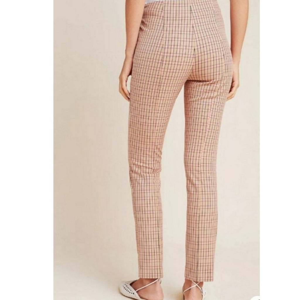 New Anthropologie The Essential Slim Plaid Trousers $98 Size 12 Pink and Tan