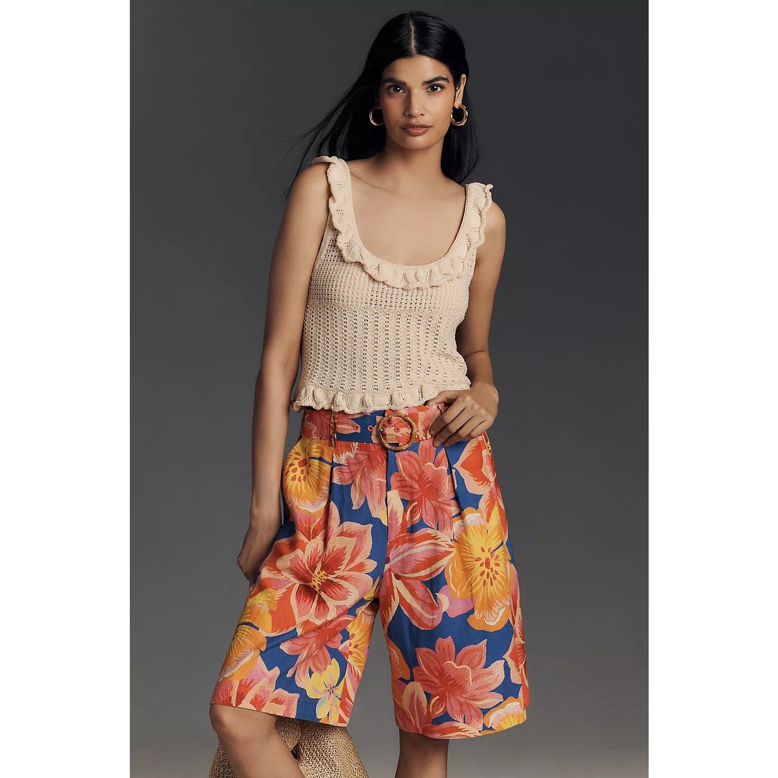 Farm Rio x Anthropologie Linen Blend Belted Floral Bermuda Shorts XS FARM Rio for Anthropologie