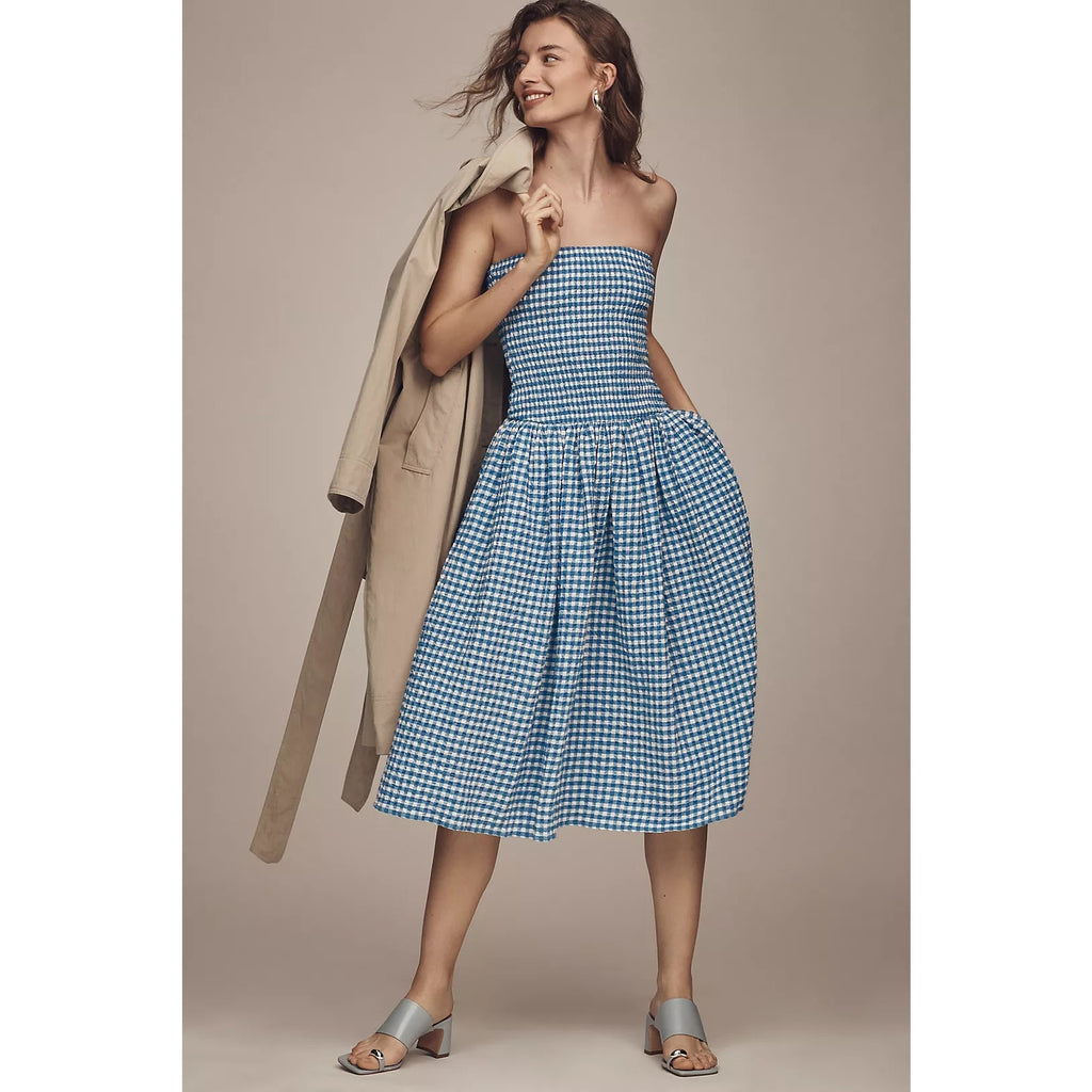 Anthropologie Maeve Strapless Smocked Midi Dress PLUS 1X Blue Gingham Anthropologie