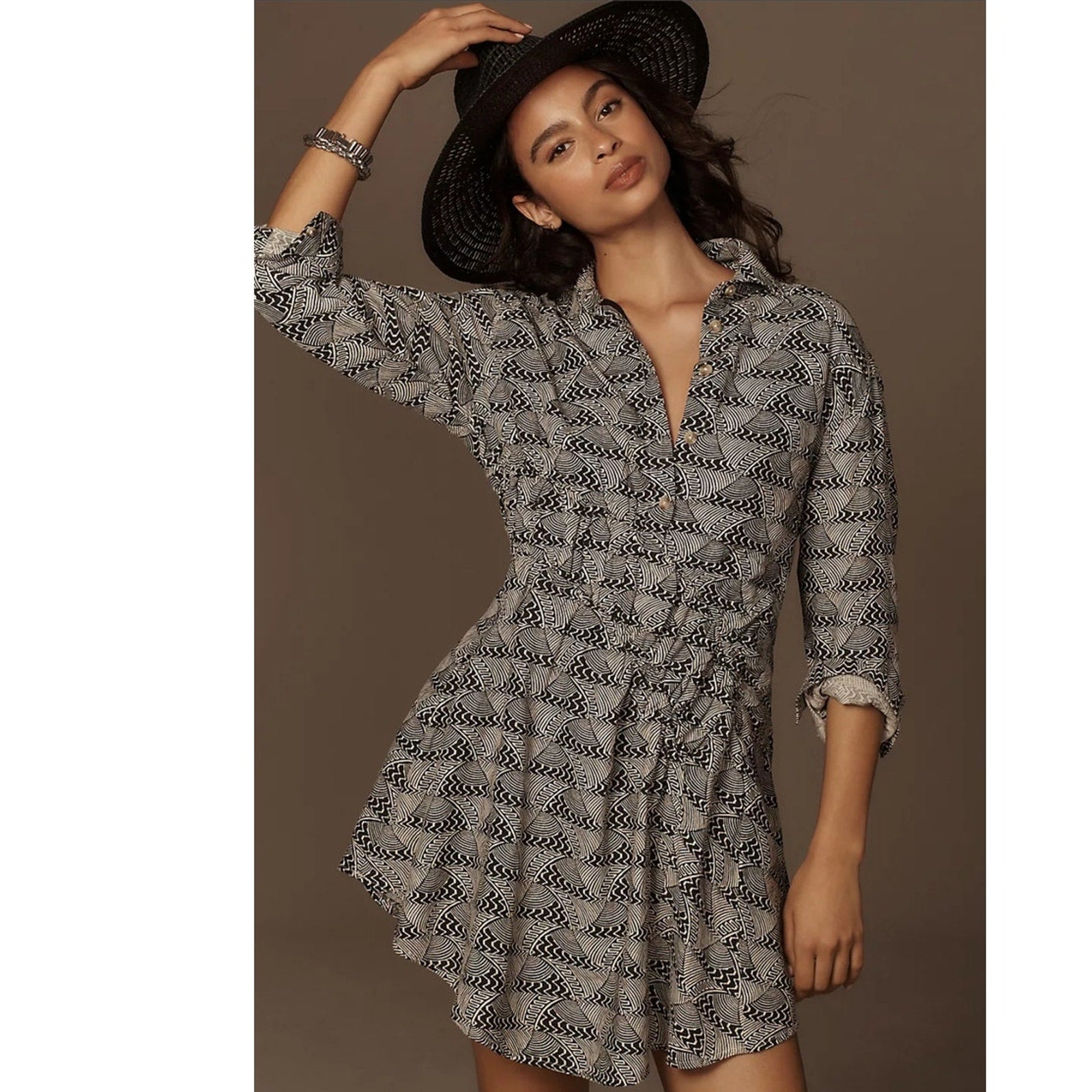 Anthropologie Long-Sleeve Collared Mini Dress $148 Medium Petite Ivory