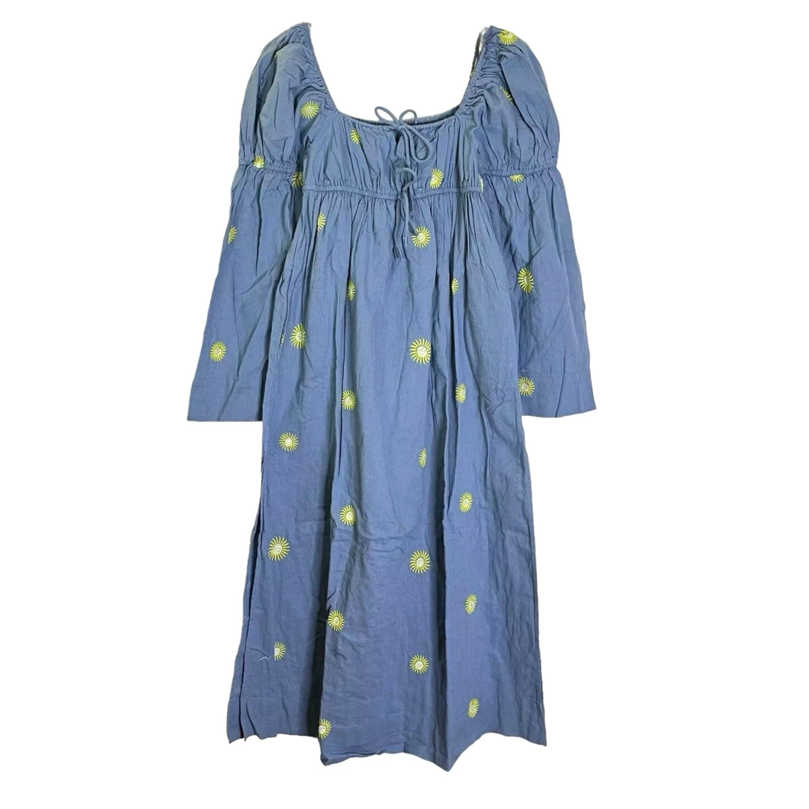 Free People Emory Embroidered Midi Dress X-SMALL Blue Long-Sleeve Free People