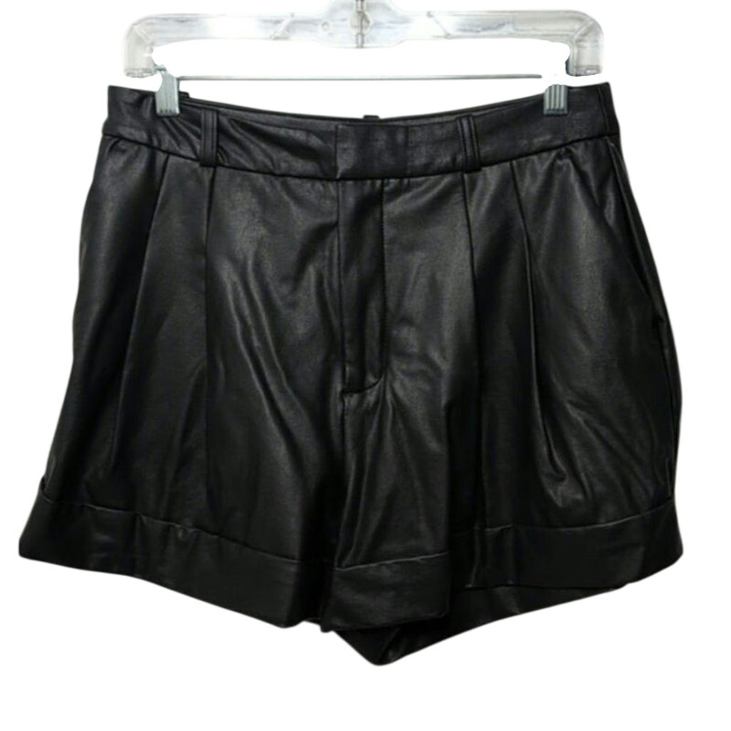 Black faux leather shorts on hanger with pleated front and side pocket details