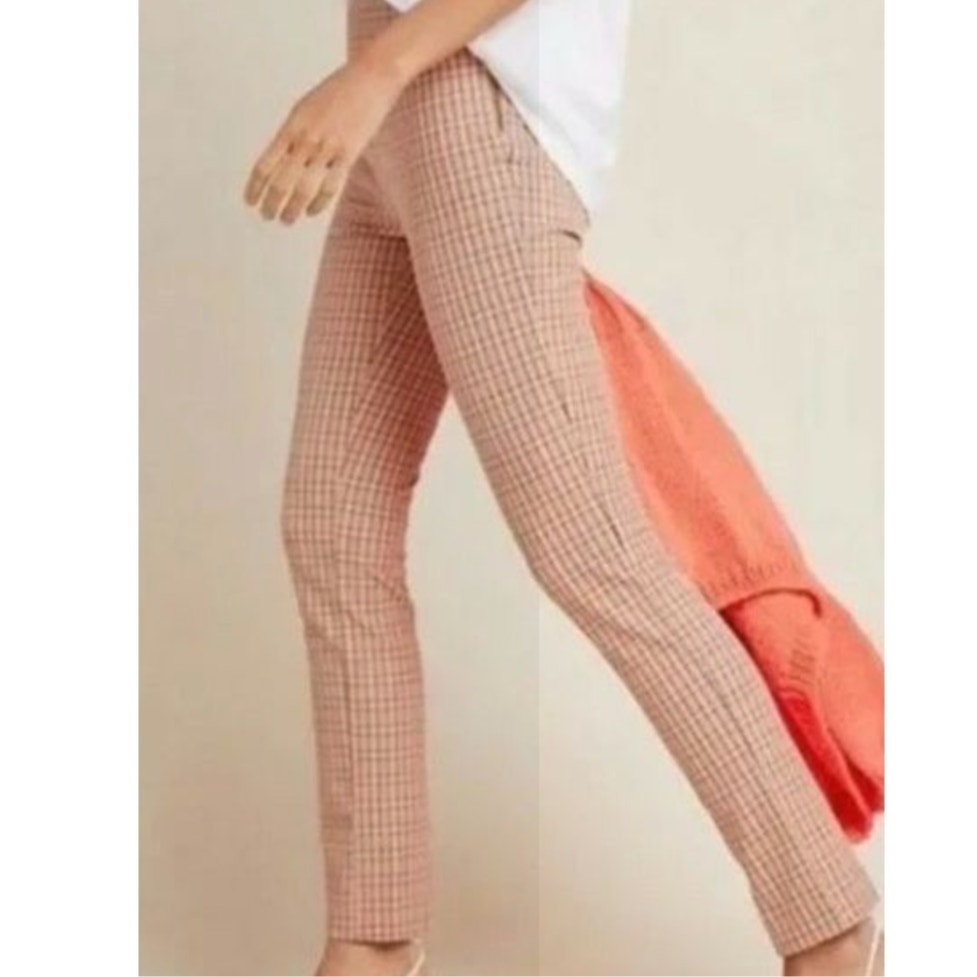 New Anthropologie The Essential Slim Plaid Trousers $98 Size 12 Pink and Tan