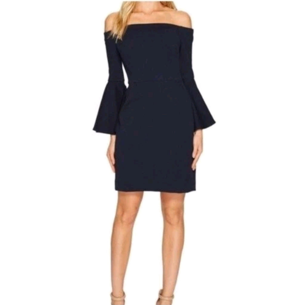 Turk Miley Off The Shoulder Navy Ponte Dress Bell Sleeves