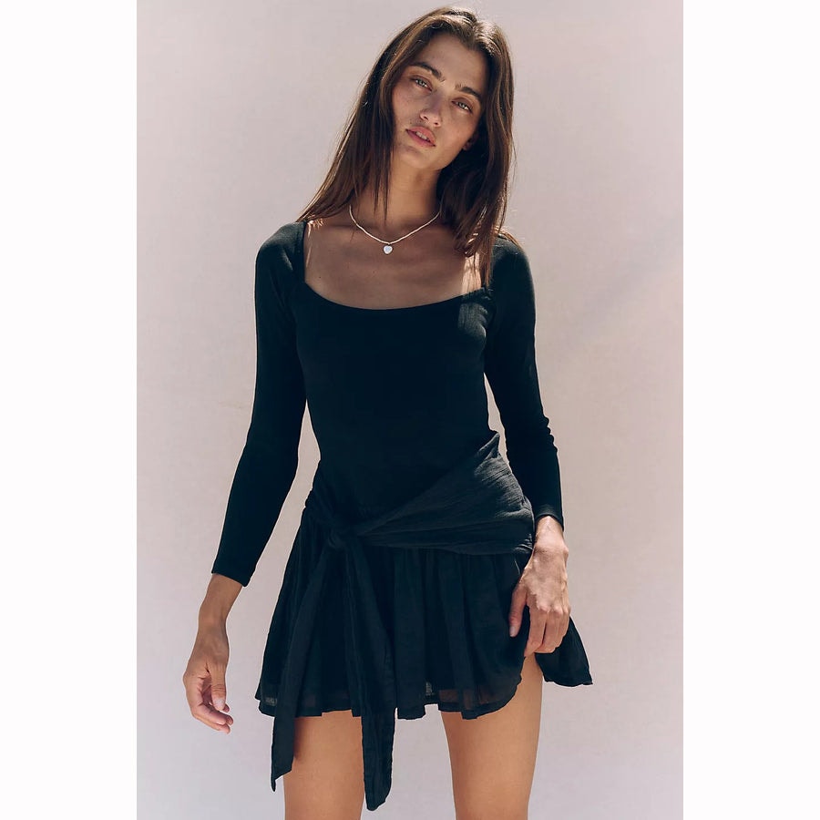 New Free People FREE-EST Lexi Drop-Waist Mini Dress $78 LARGE Black Free People