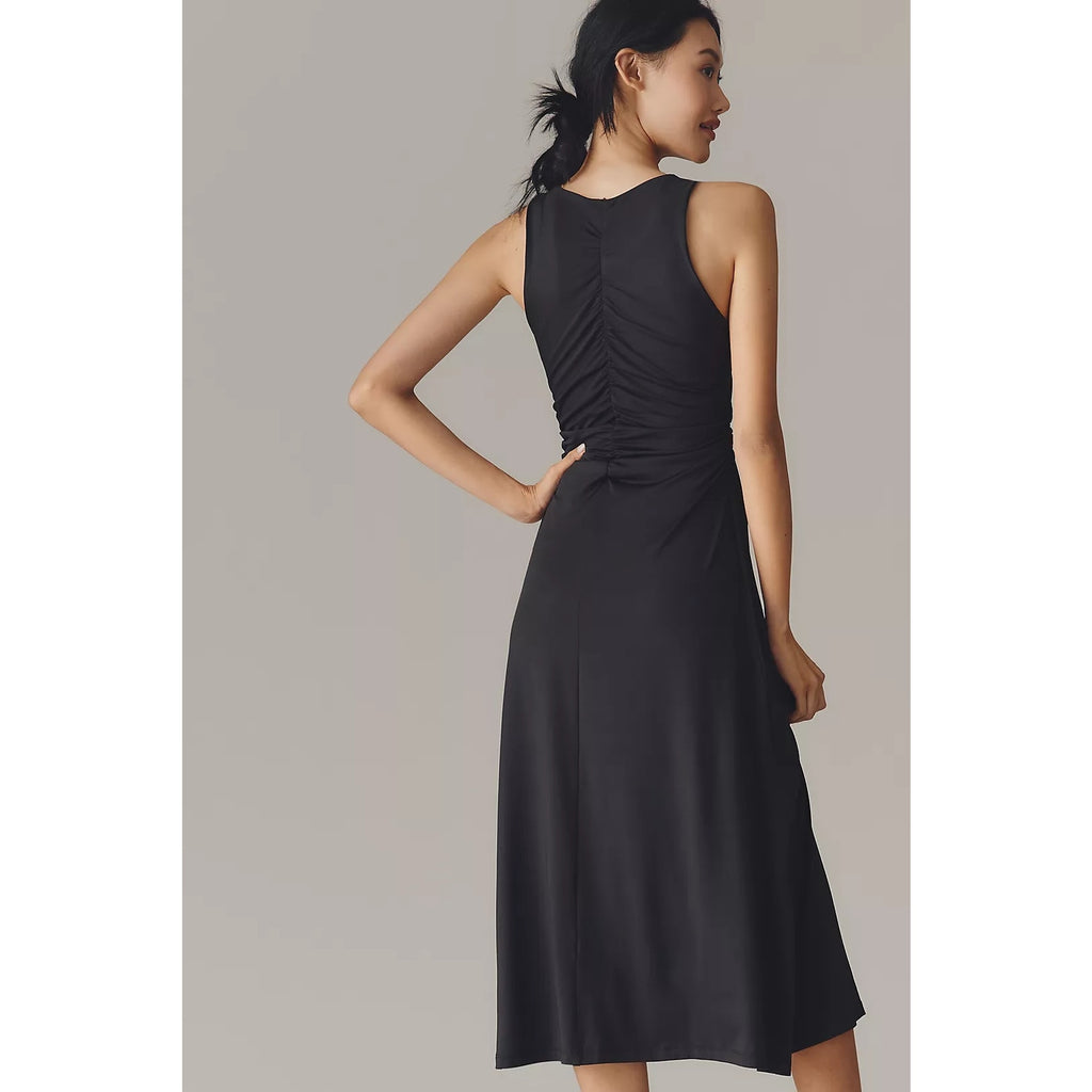 By Anthropologie Sleeveless Hardware Ruched Midi Dress LARGE Black Anthropologie