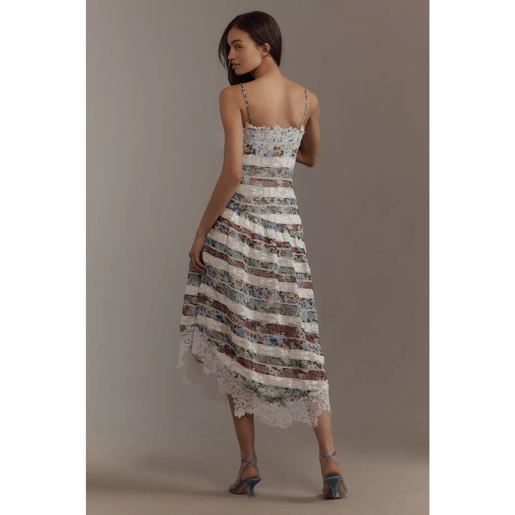 New Anthropologie Maeve Square-Neck Mixed Lace Midi Dress Size 14 $268 Floral