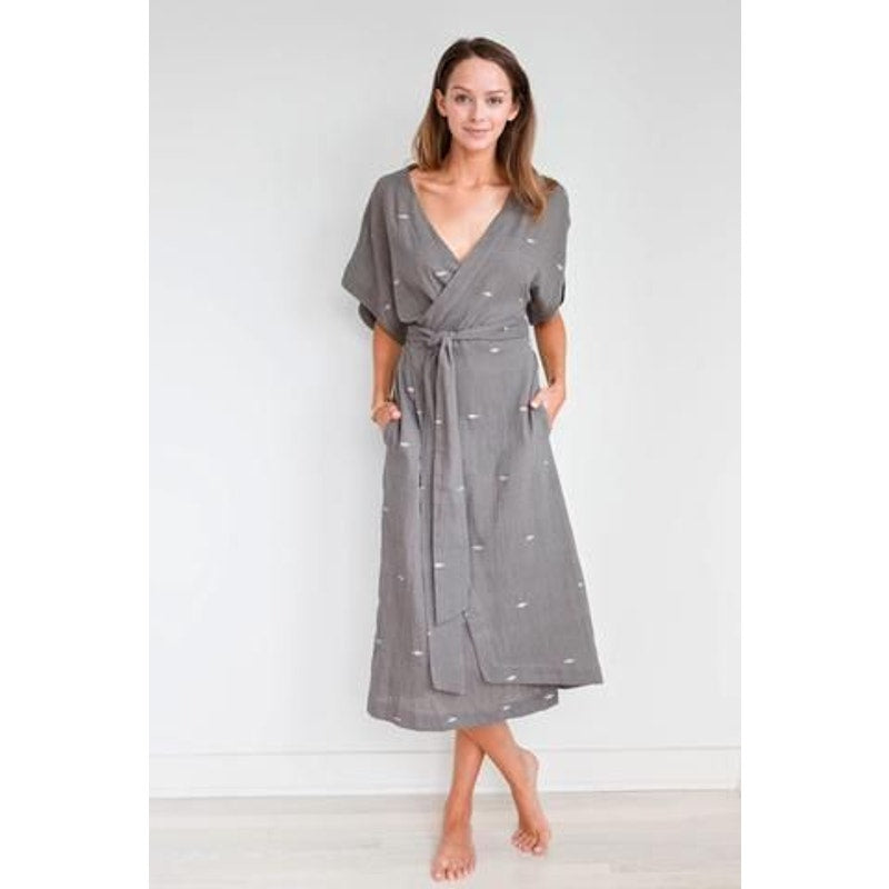 Anthropologie MIRTH Krabi Jamdani Wrap Midi Dress S/M 2-6 Gray Mirth