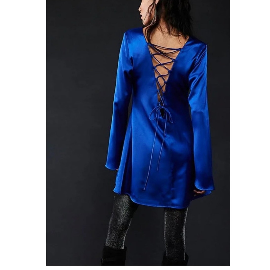Free People DELFI Amber Mini Shift Dress $368 SMALL Colbalt Blue Long Sleeve
