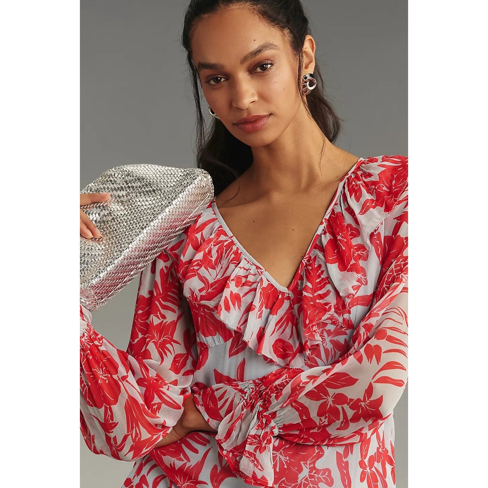 Anthropologie Long-Sleeve V-Neck Chiffon Ruffle Midi Dress $168 MEDIUM