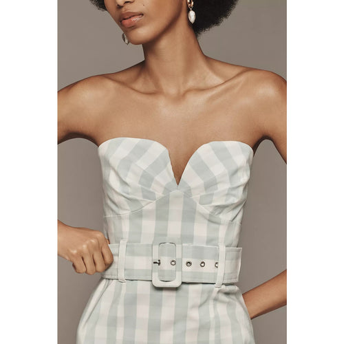 Mint and white plaid strapless sweetheart fitted midi dress with corset belt and buttons