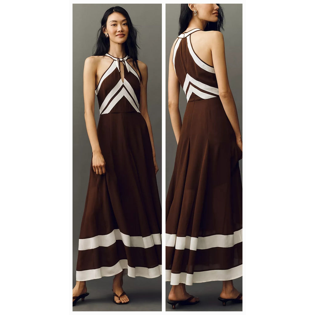 Brown halter maxi dress with white-and-cream geometric stripes and tiered hem border