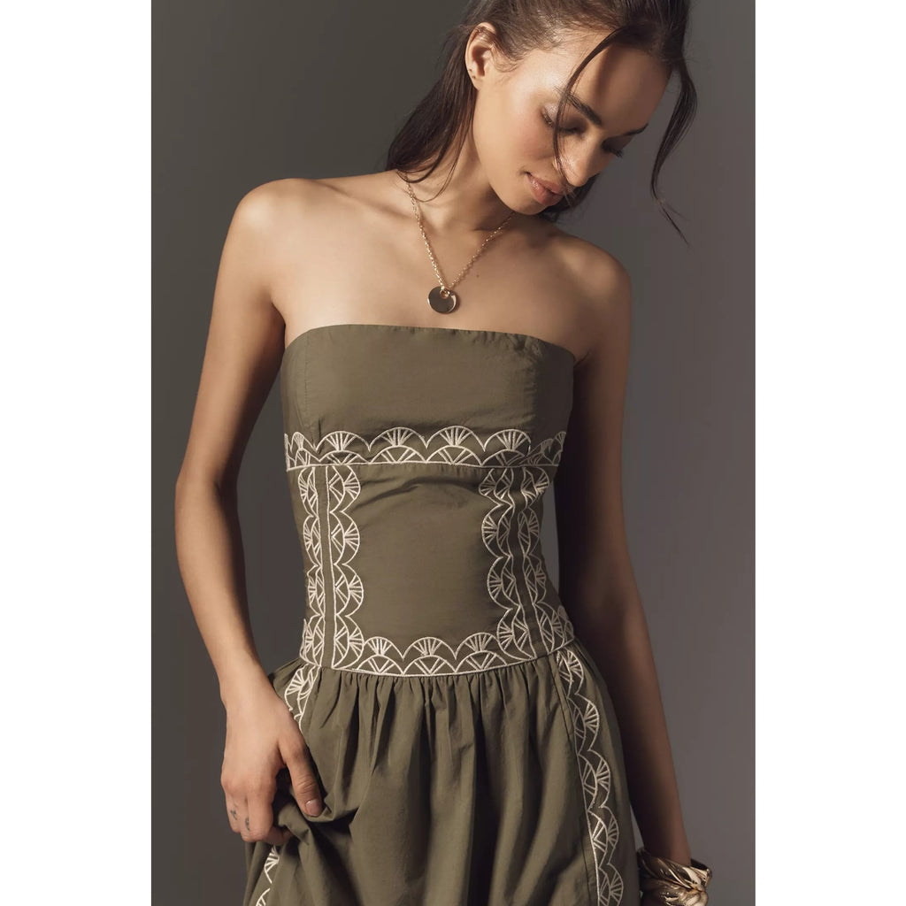 Anthropologie Strapless Drop-Waist Embroidered Midi Dress Large Olive Anthropologie