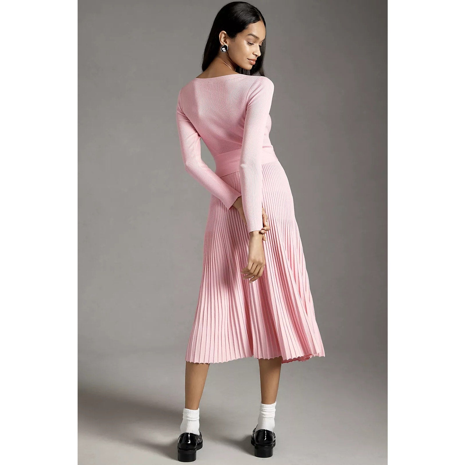 By Anthropologie Long-Sleeve Ribbed Sweater Midi Dress MEDIUM Pink Anthropologie