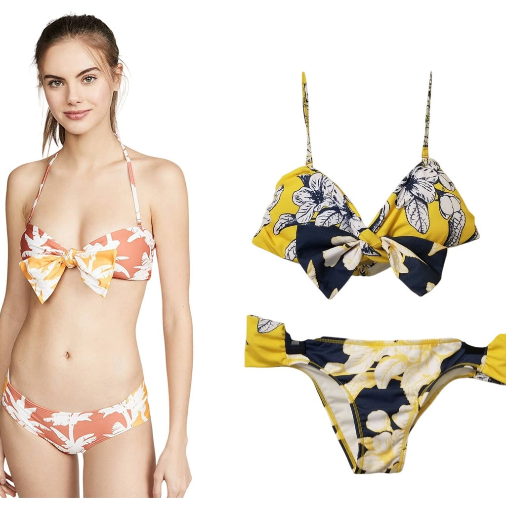 New Palmacea Lily Bandeau Top + Bikini Bottom Size Small Yellow Blue Floral