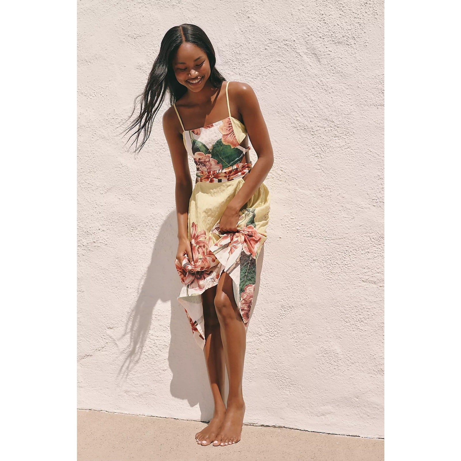 Anthropologie Celandine Beaded Midi Dress LARGE Yellow Floral CUTOUTS Anthropologie