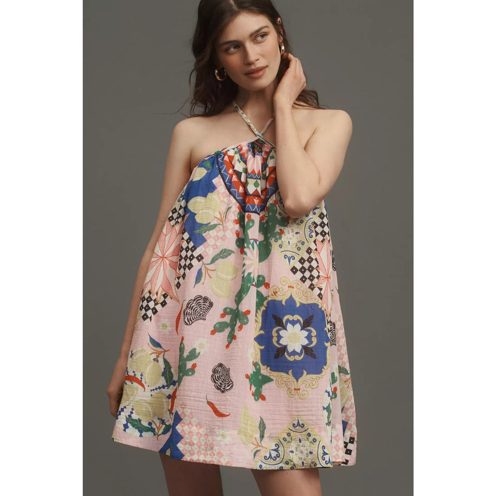 Anthropologie Maeve Printed Halter Swing Mini Dress X-SMALL Pink Anthropologie