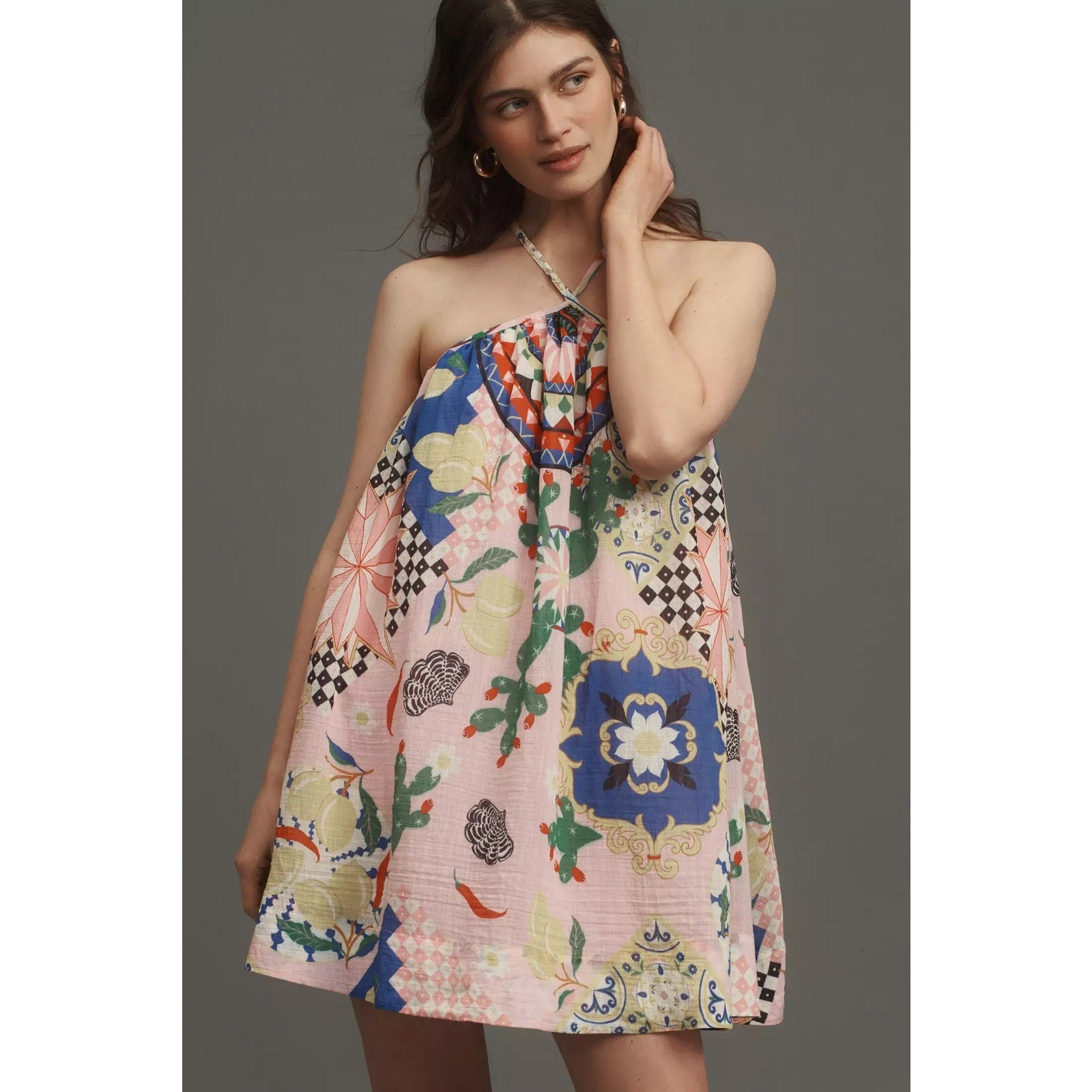 Anthropologie Maeve Printed Halter Swing Mini Dress X-SMALL Pink Anthropologie