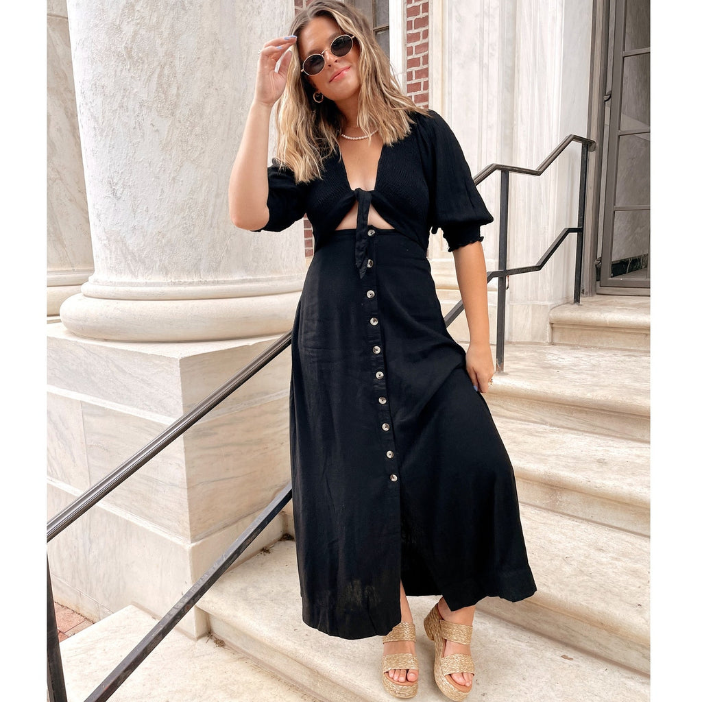 New Free People FP String Of Hearts Maxi Dress $168 XS Black Tie Button Front