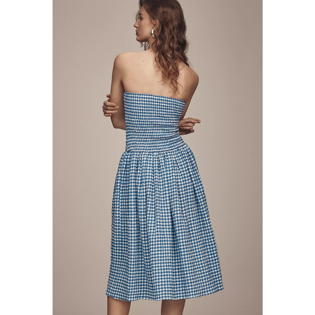 Anthropologie Maeve Strapless Smocked Midi Dress PLUS 1X Blue Gingham Anthropologie