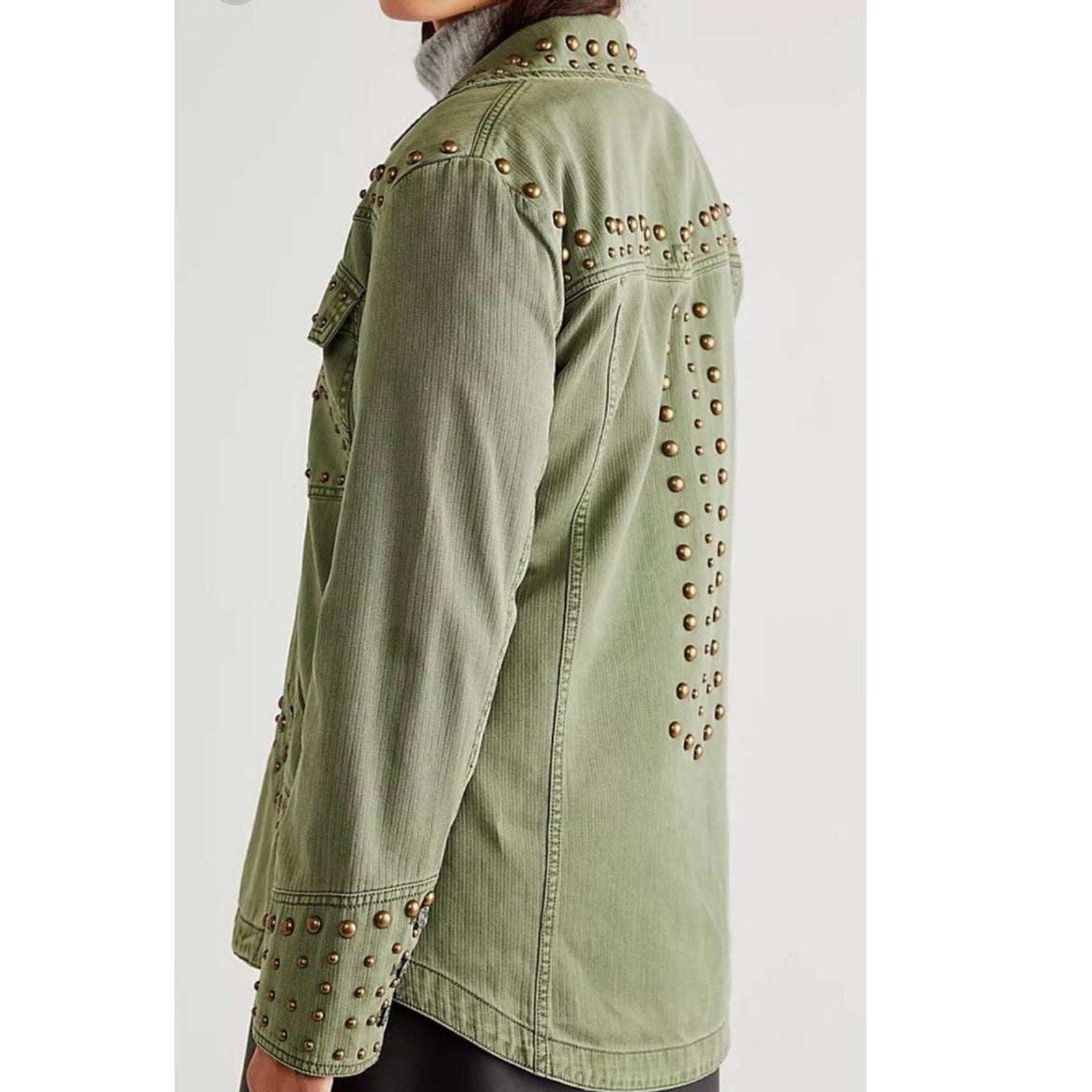 New Free People WTF Rock and Stud Shirt Jacket $348 Army Green XS 0/2