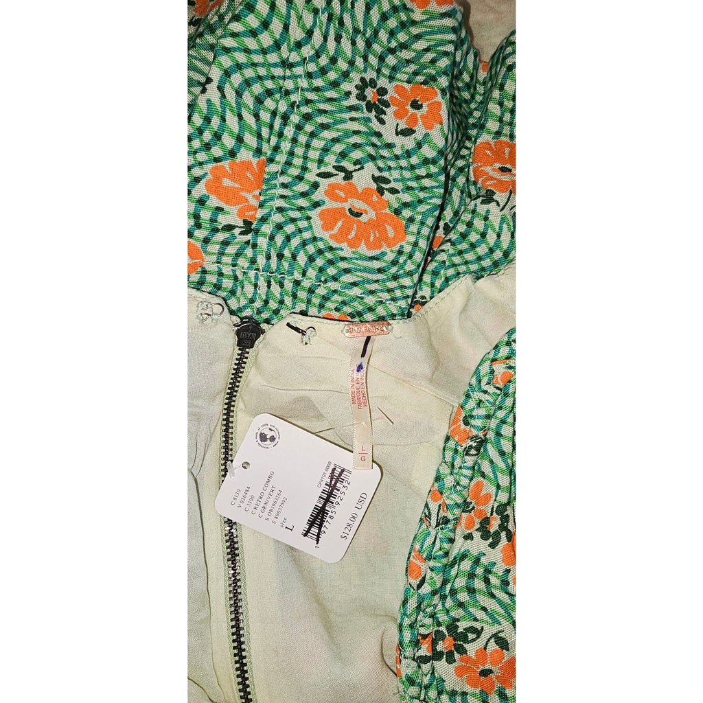 Free People Altura Printed Mini Dress LARGE Retro Floral Green Strappy Free People