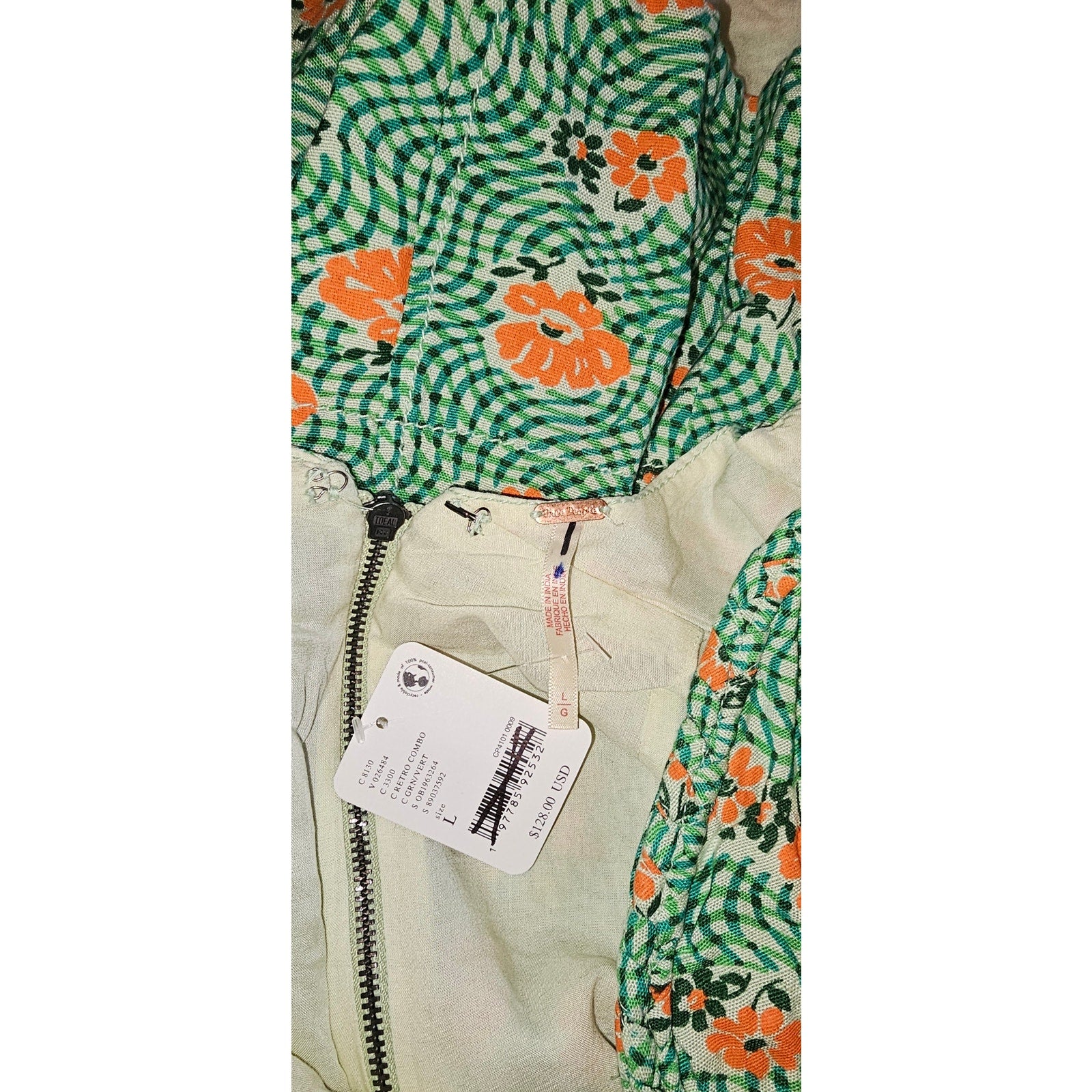 Free People Altura Printed Mini Dress LARGE Retro Floral Green Strappy Free People