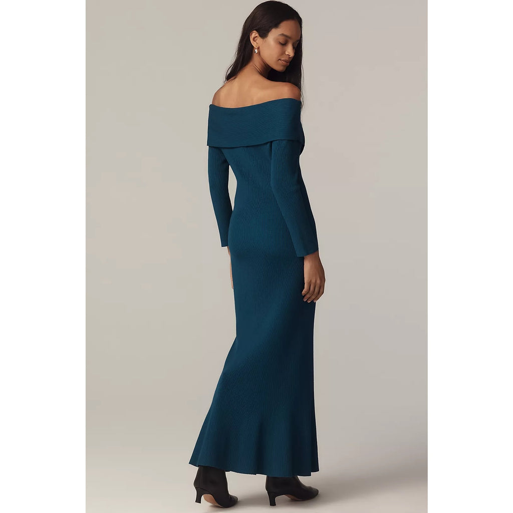 Medium blue off-shoulder knit sweater dress with long sleeves and flared skirt
