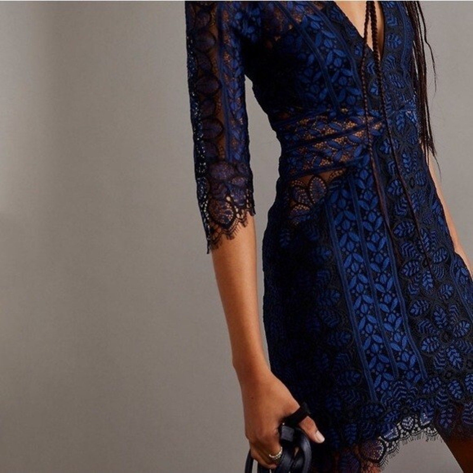New For Love & Lemons Lyla Cocktail Mini Dress Navy Black Lace Sheer Small Vneck
