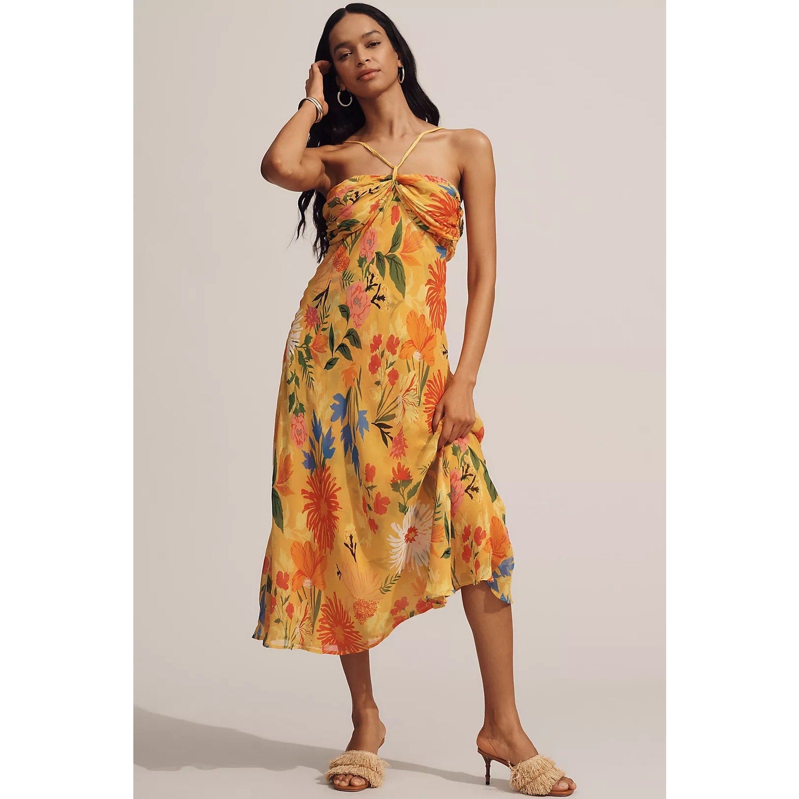 By Anthropologie Halter Slip Midi Dress MEDIUM Yellow Floral Motif Anthropologie