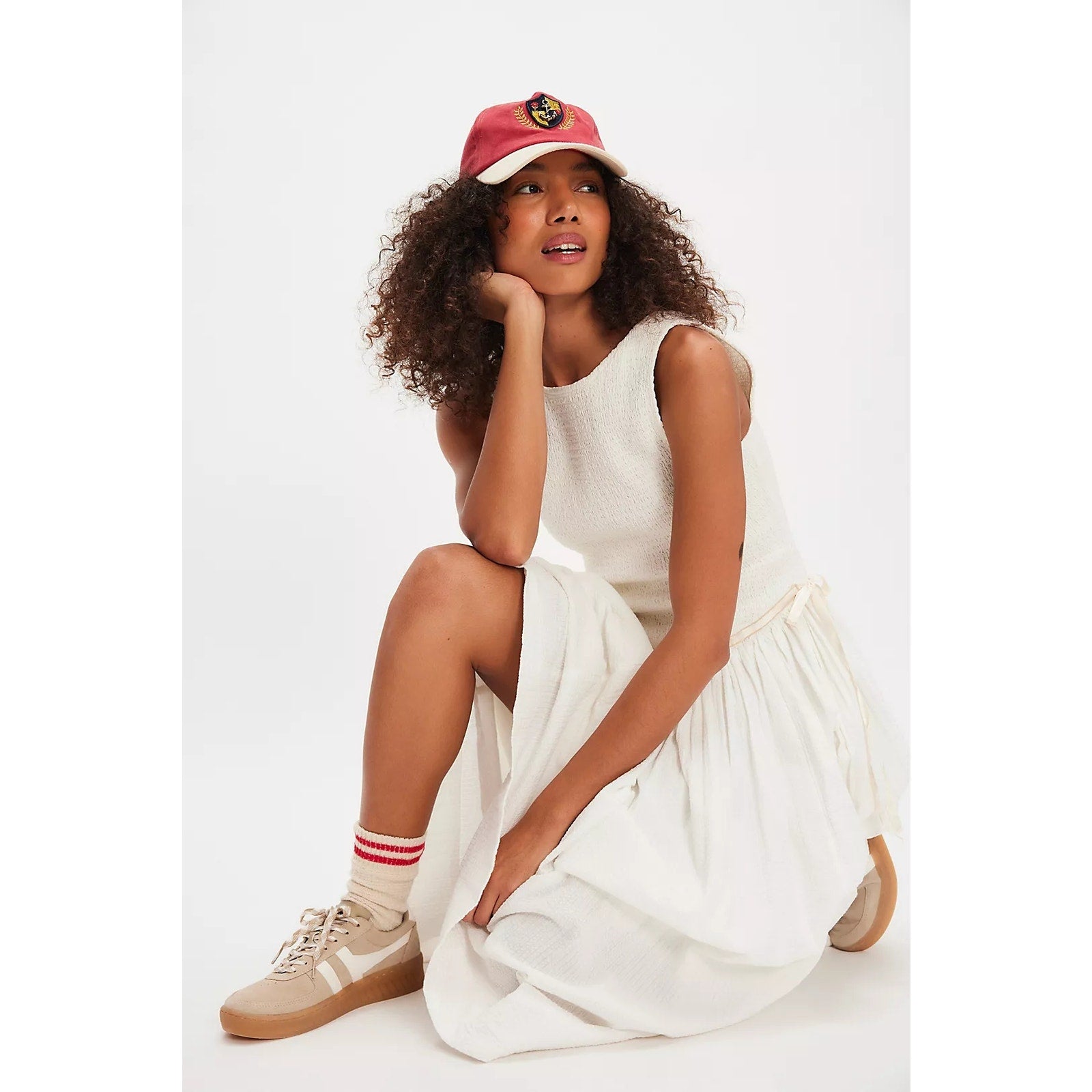 FREE PEOPLE Nightingale Seersucker Midi Dress SMALL Ivory SMOCKED Free People