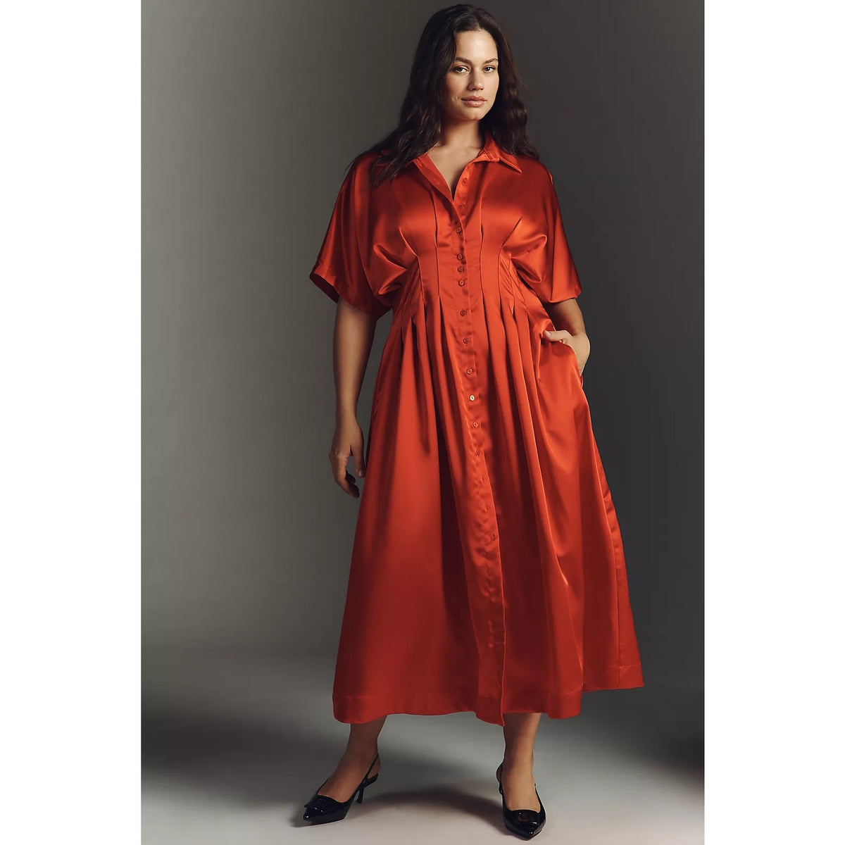 Anthropologie The Tobie Satin Shirt Dress by Exquise SMALL Red Anthropologie
