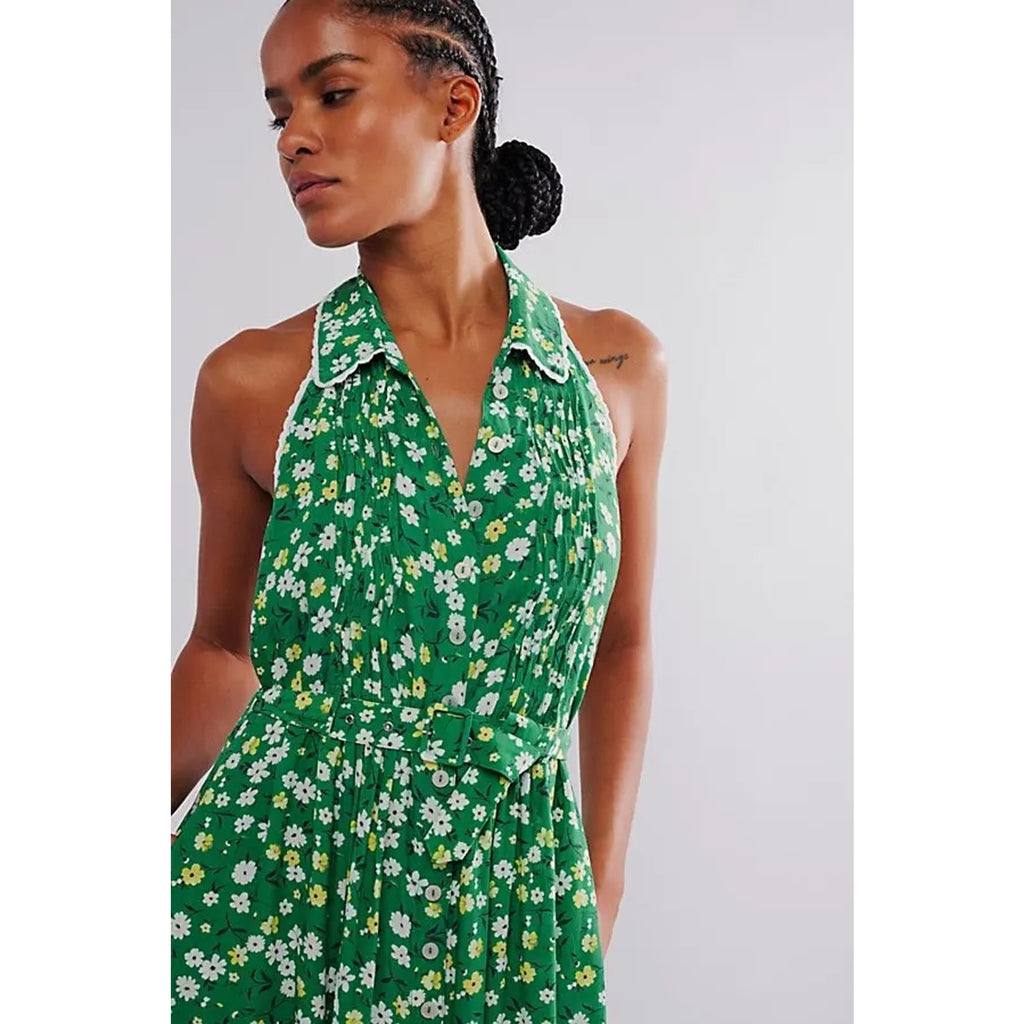 FREE PEOPLE Slice Of Life Halter Midi Dress SMALL Green Floral Boho Free People