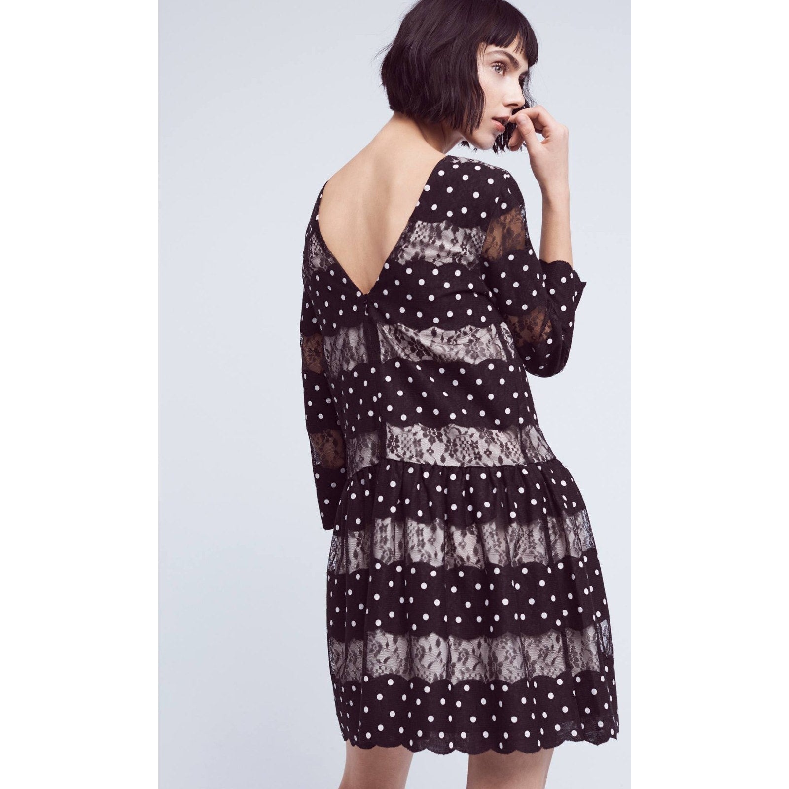 NEW Anthropologie Kit Lace Mini Dress By Zero To Sky Size 4 B&W Dot Striped