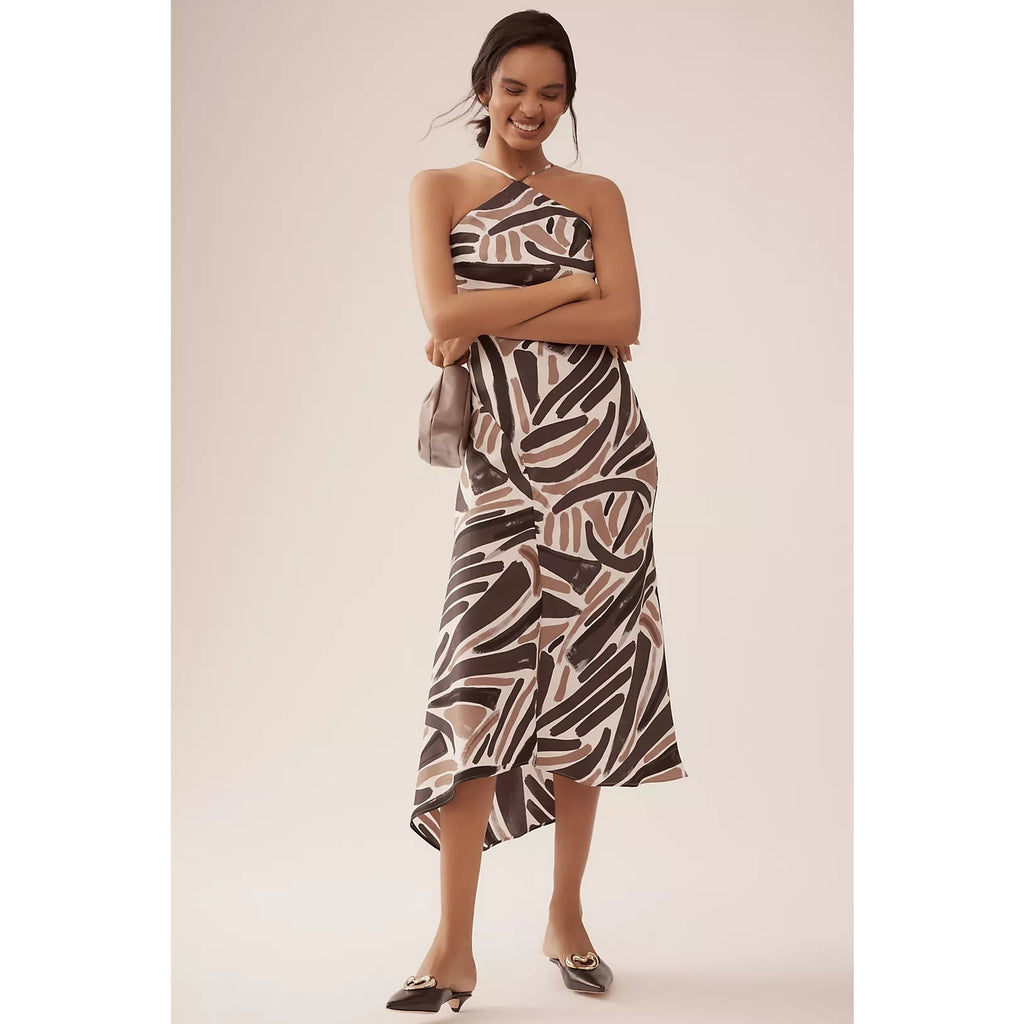 New By Anthropologie Halter Slip Midi Dress $158 SMALL Neutral Asymmetrical