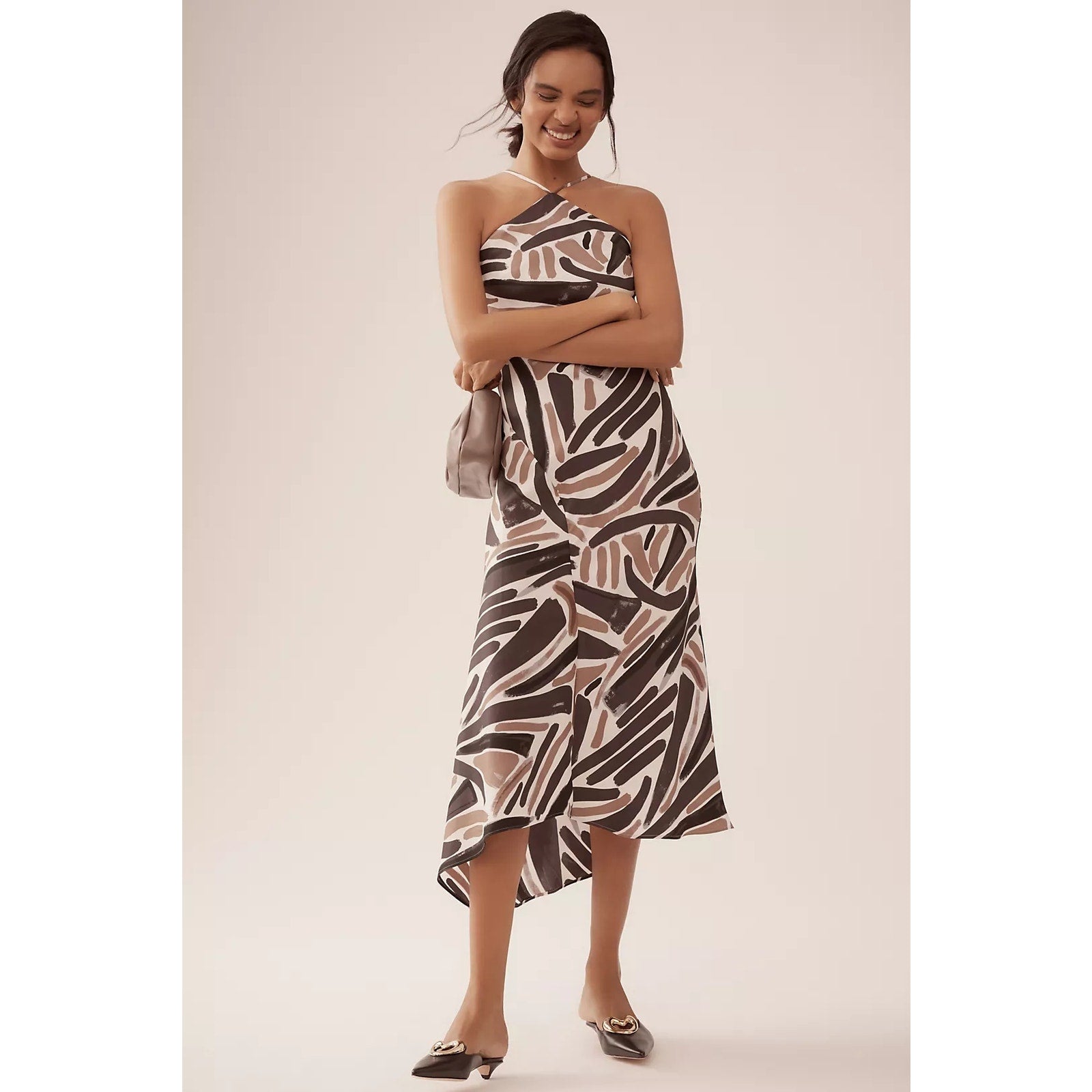 New By Anthropologie Halter Slip Midi Dress $158 SMALL Neutral Asymmetrical