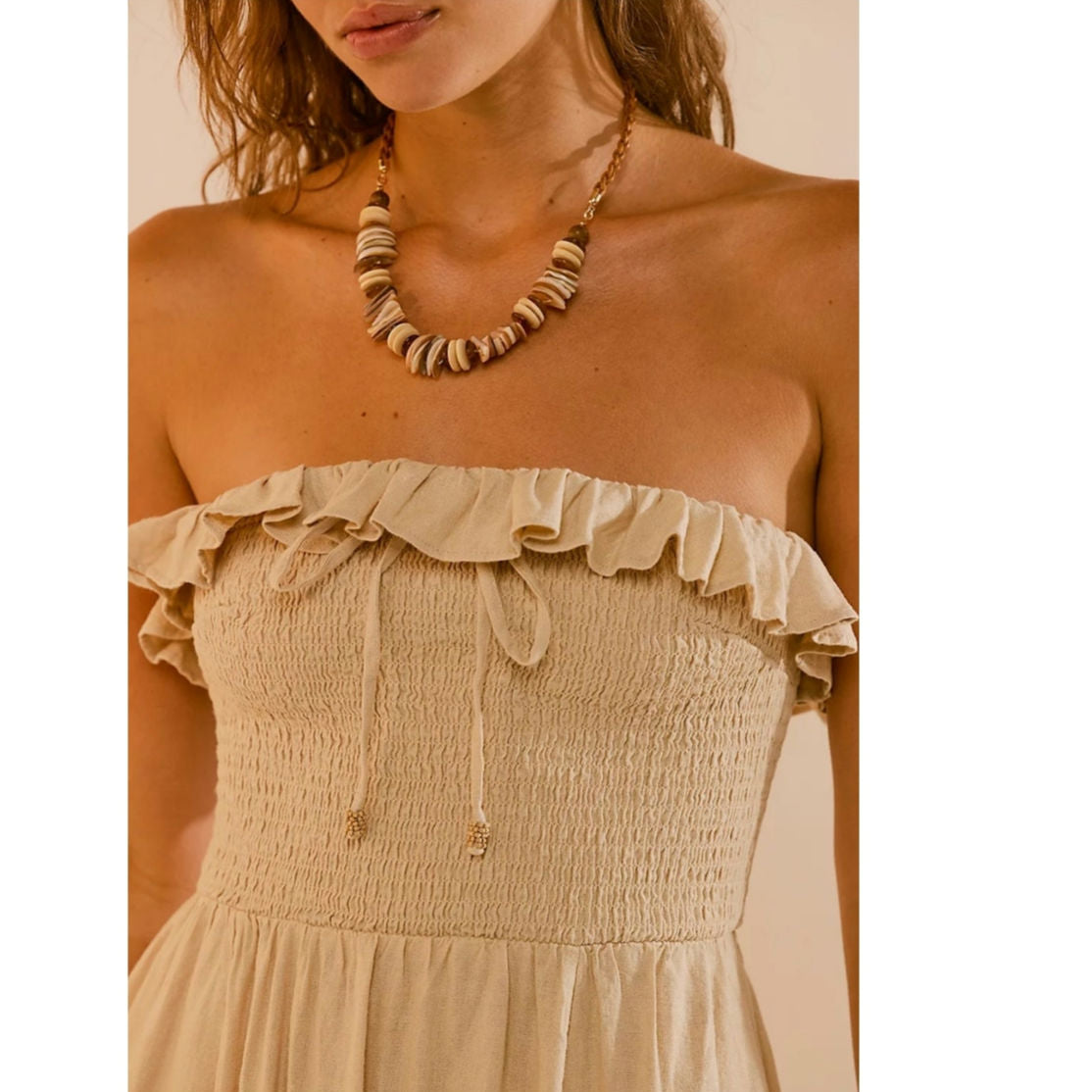 New FREE PEOPLE Lush Life Linen Strapless Midi Dress $98 LARGE Bleached Sand