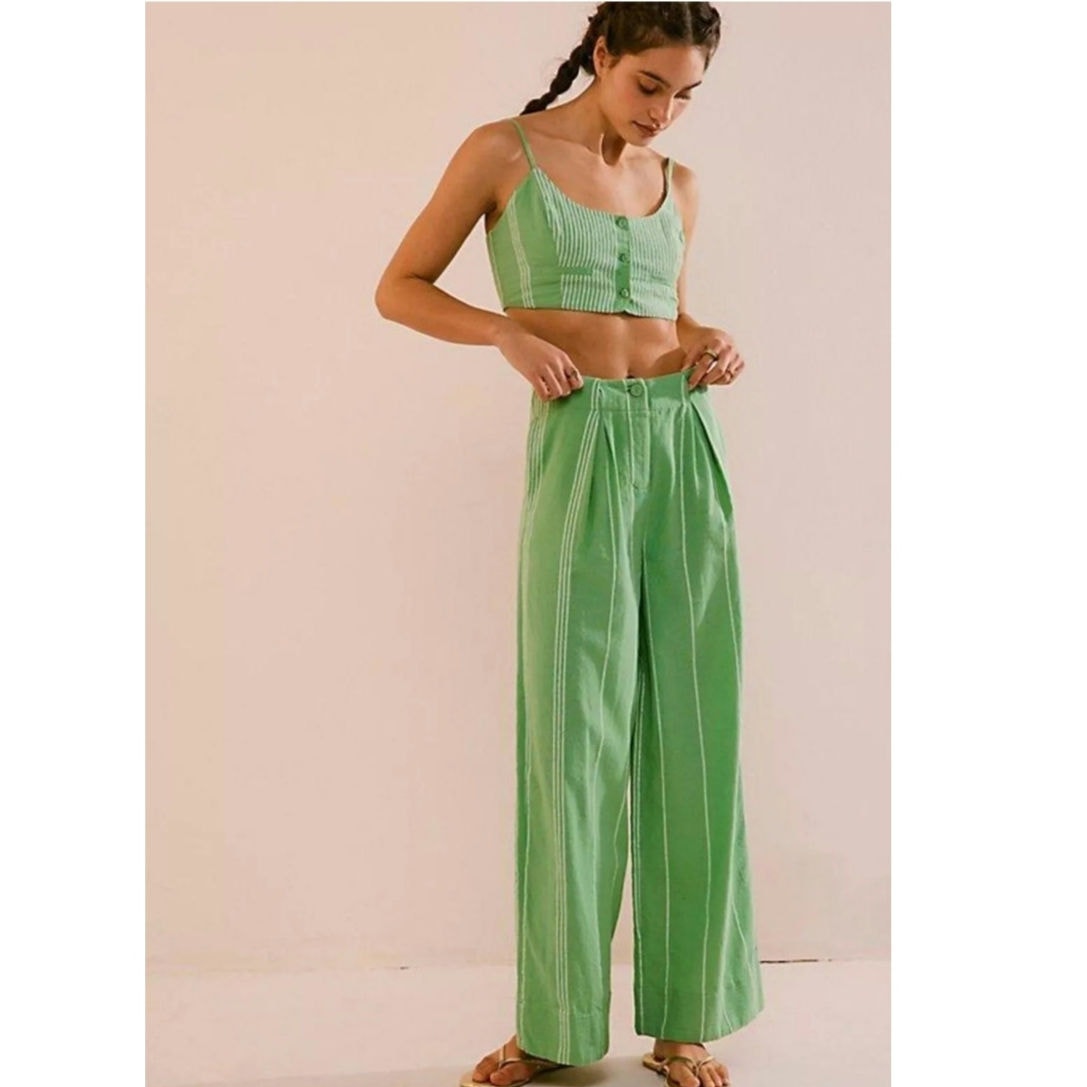 New Free People Casual Friday Pants Tank Set FREE-EST $128 LARGE Green Striped
