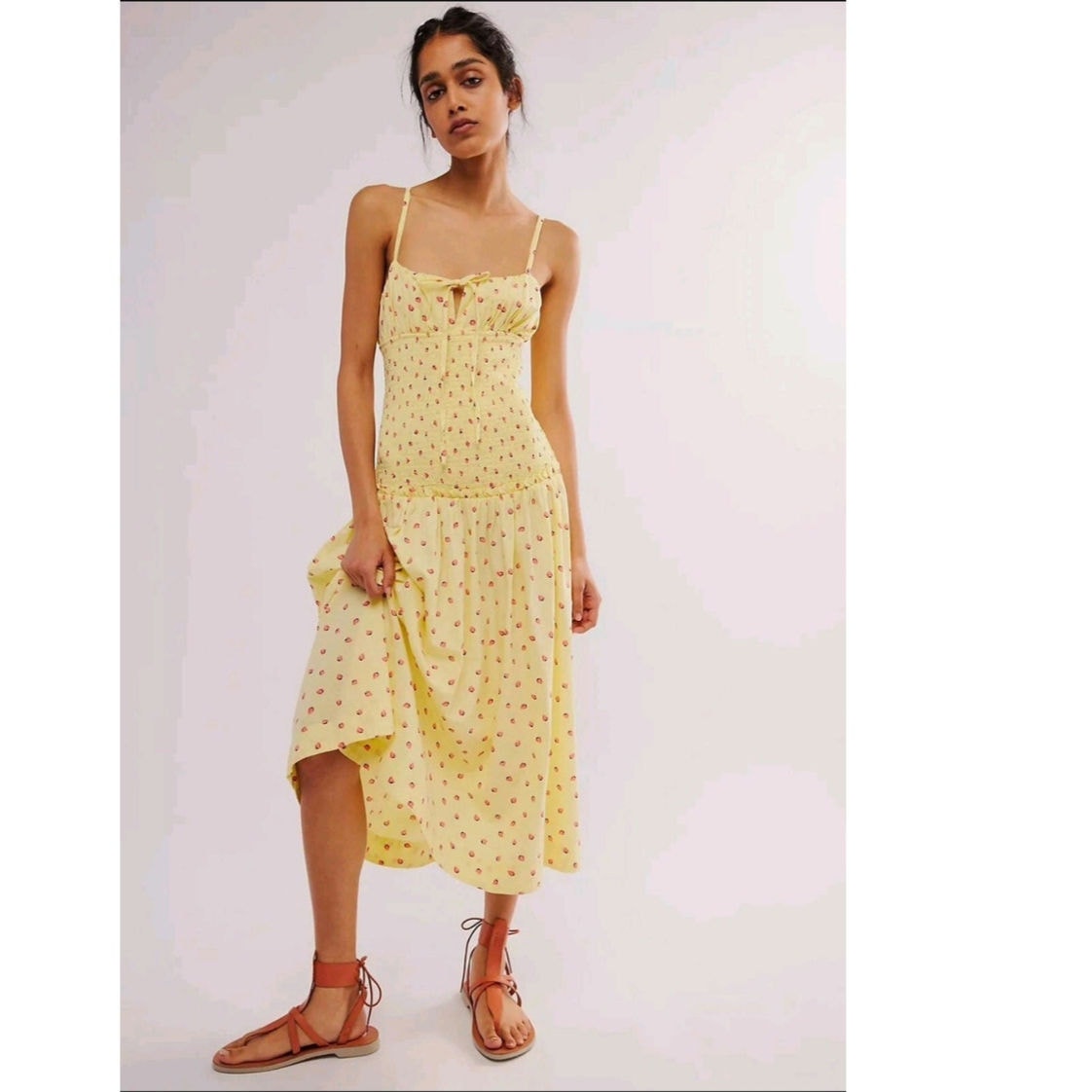 FREE PEOPLE Lavender Daze Dress MIDI LARGE Yellow Strawberry Free People