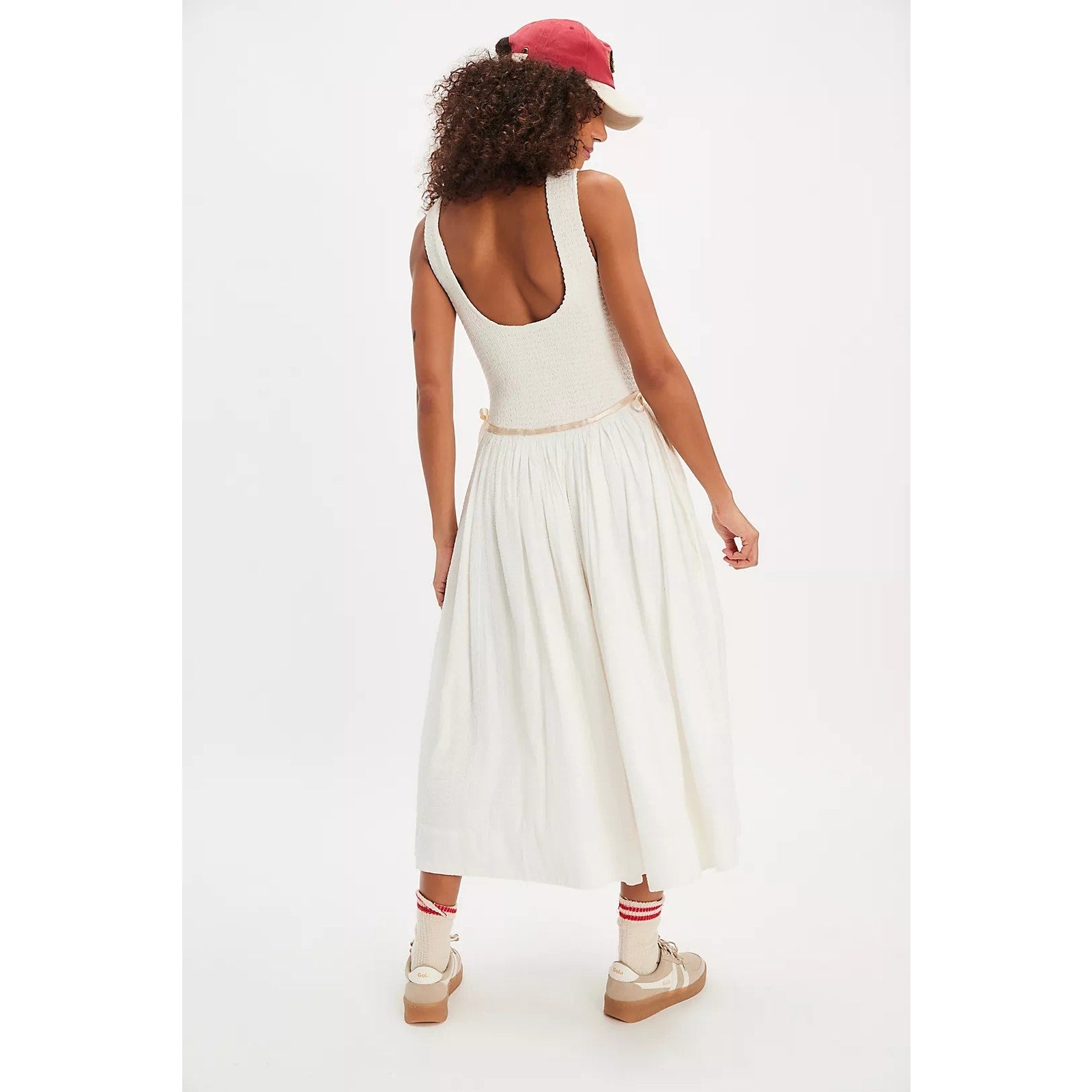 FREE PEOPLE Nightingale Seersucker Midi Dress SMALL Ivory SMOCKED Free People