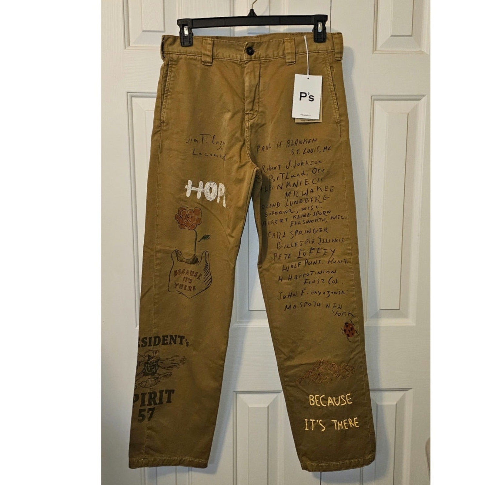 New P's PRESIDENT'S KHAKI GABARDINE PATCH EMBROIDERY PANTS Size 34