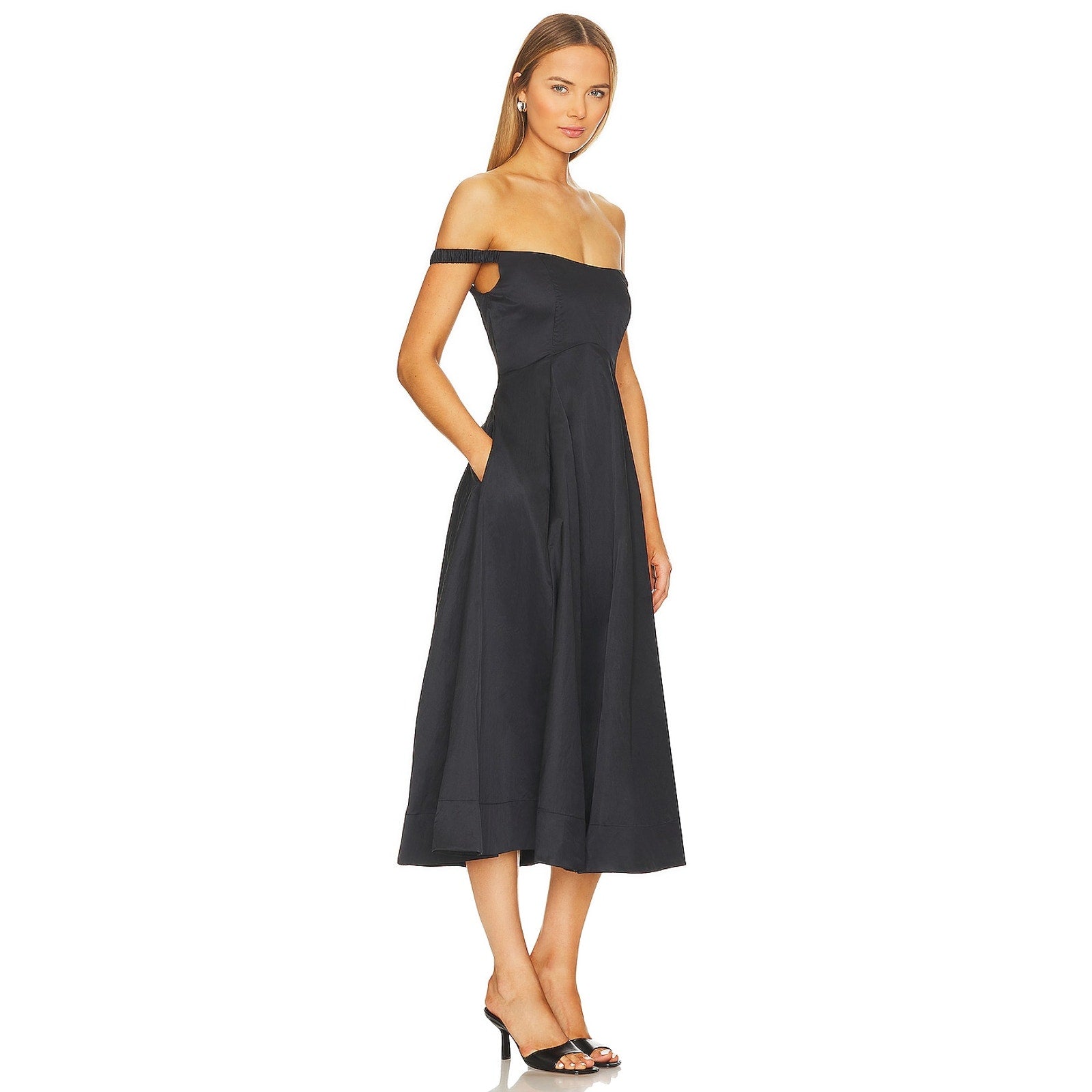 New Free People Alinda Midi Dress $228 SIZE 4 Shiny Black Off-The-Shoulder