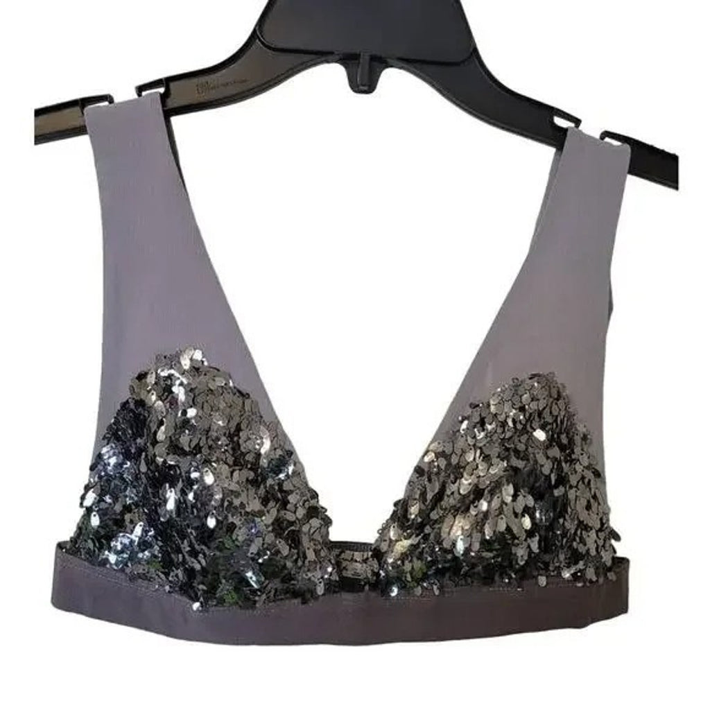 New Free People LET IT SHINE BRALETTE $48 + PANTY $38 SEQUINED X-SMALL Gray