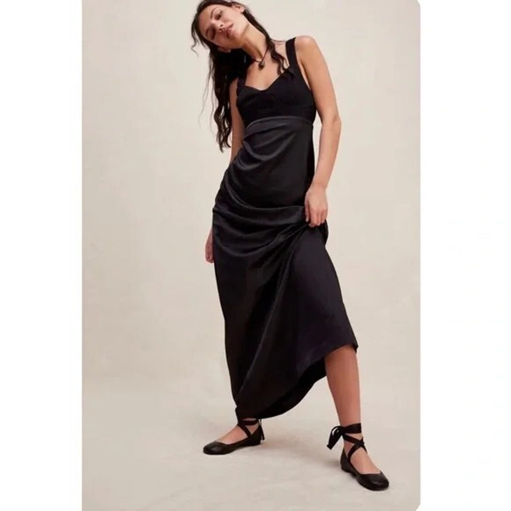 New Free People Gia Maxi Dress Size 4 $250 Silky Black Slip Inspired